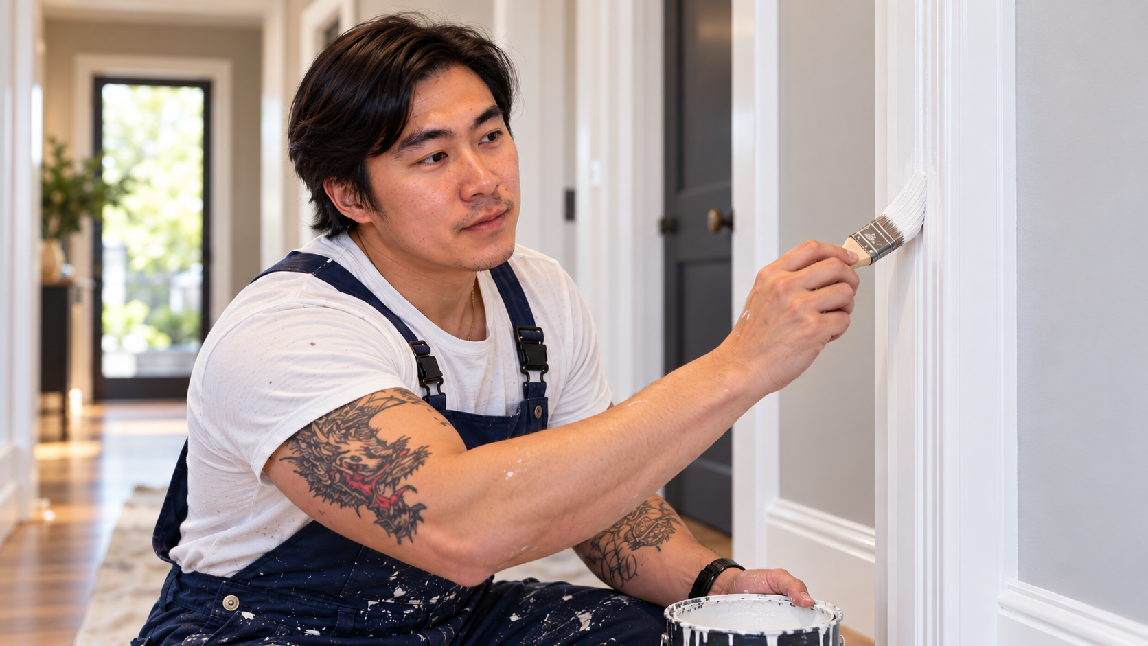 Richard using a roller to paint a bright home interior