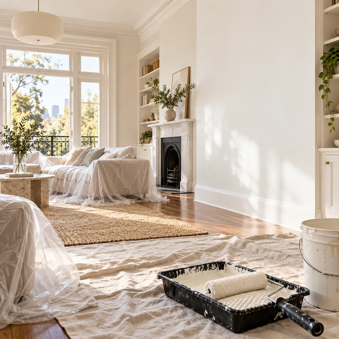 Interior painting preparation in a bright Melbourne living room