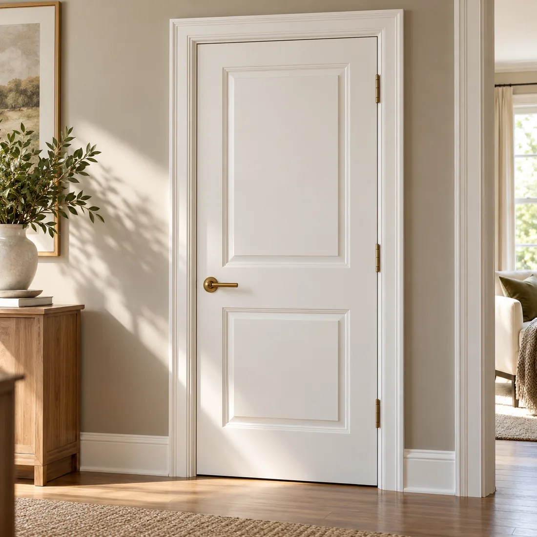 Fresh white interior door and precisely painted trim
