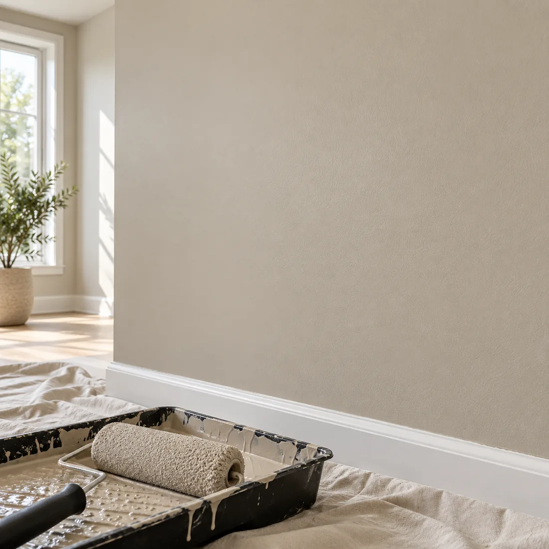 Freshly painted interior wall with painting tools